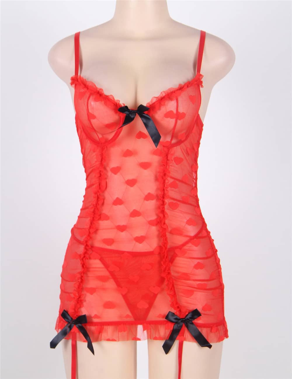 Red Halter Heart Jacquard Mesh Garter Lingerie - Image 3