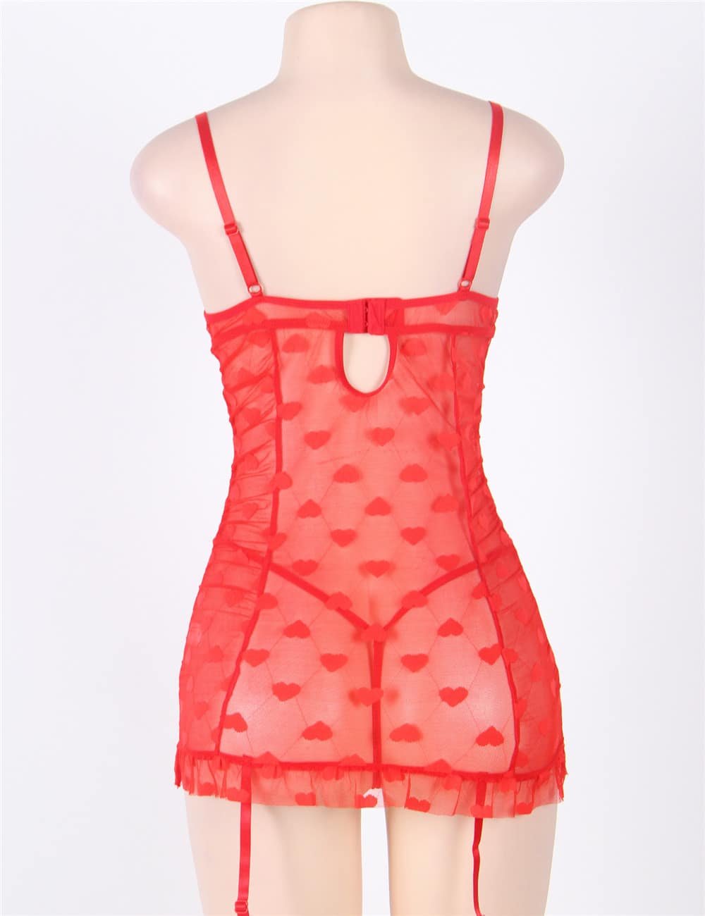Red Halter Heart Jacquard Mesh Garter Lingerie - Image 5