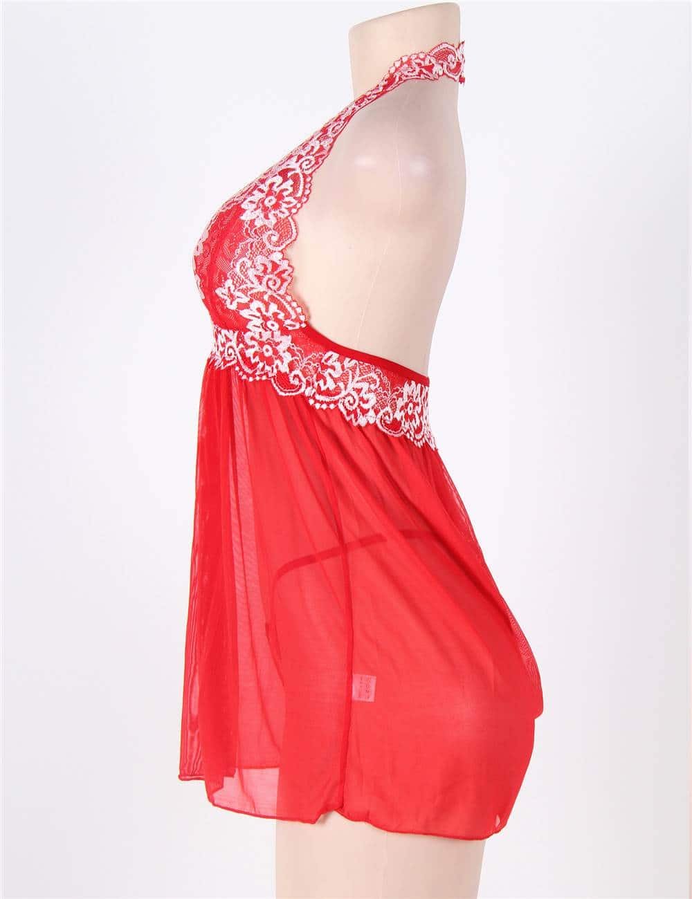 Red Halter Floral Plus Size Babydoll With G-String - Image 5