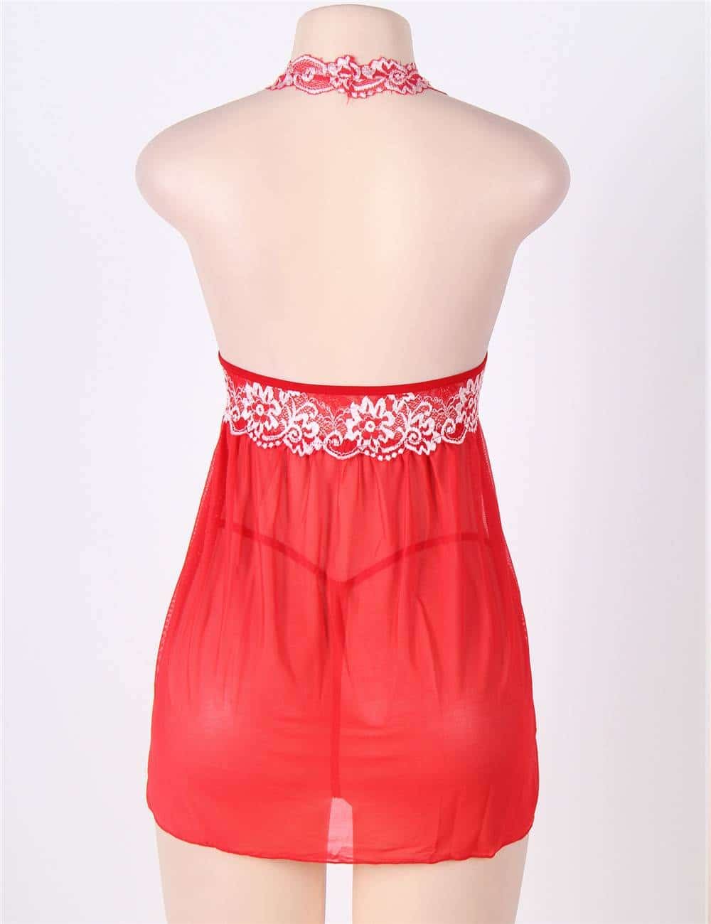 Red Halter Floral Plus Size Babydoll With G-String - Image 6