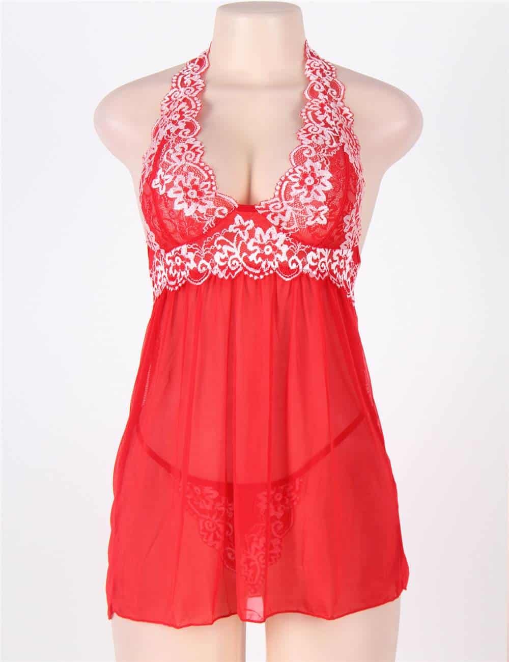 Red Halter Floral Plus Size Babydoll With G-String - Image 4