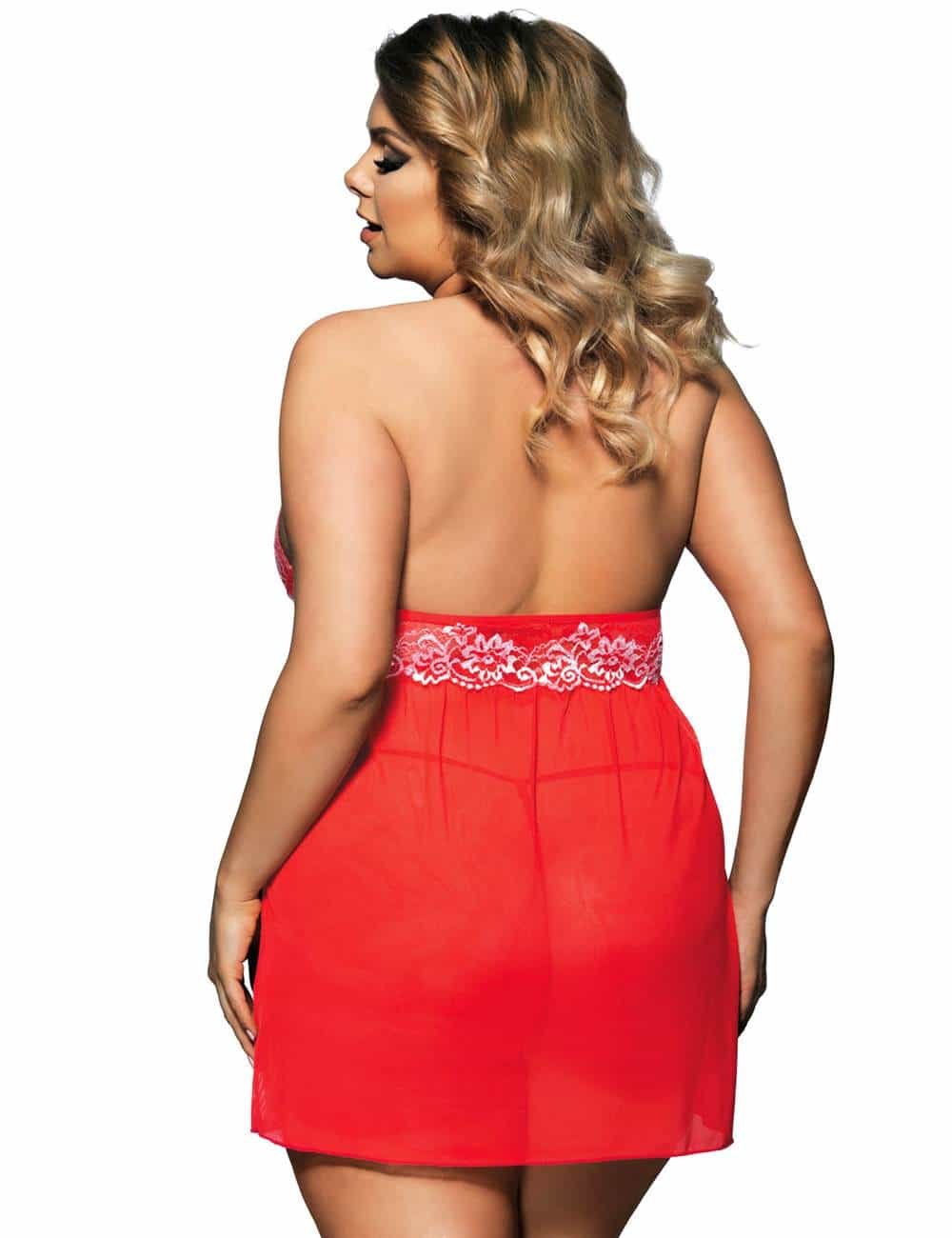 Red Halter Floral Plus Size Babydoll With G-String - Image 3