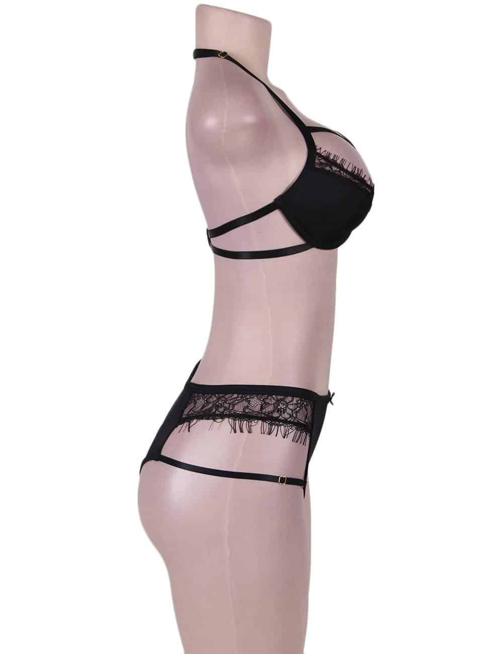 Black Eyelash Lace Strappy Bra Set - Image 5