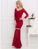 Red Lace Long Maxi Dress with Sleeves