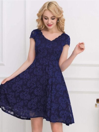 Lace Round Neck Elegant Blue Bodycon Dress