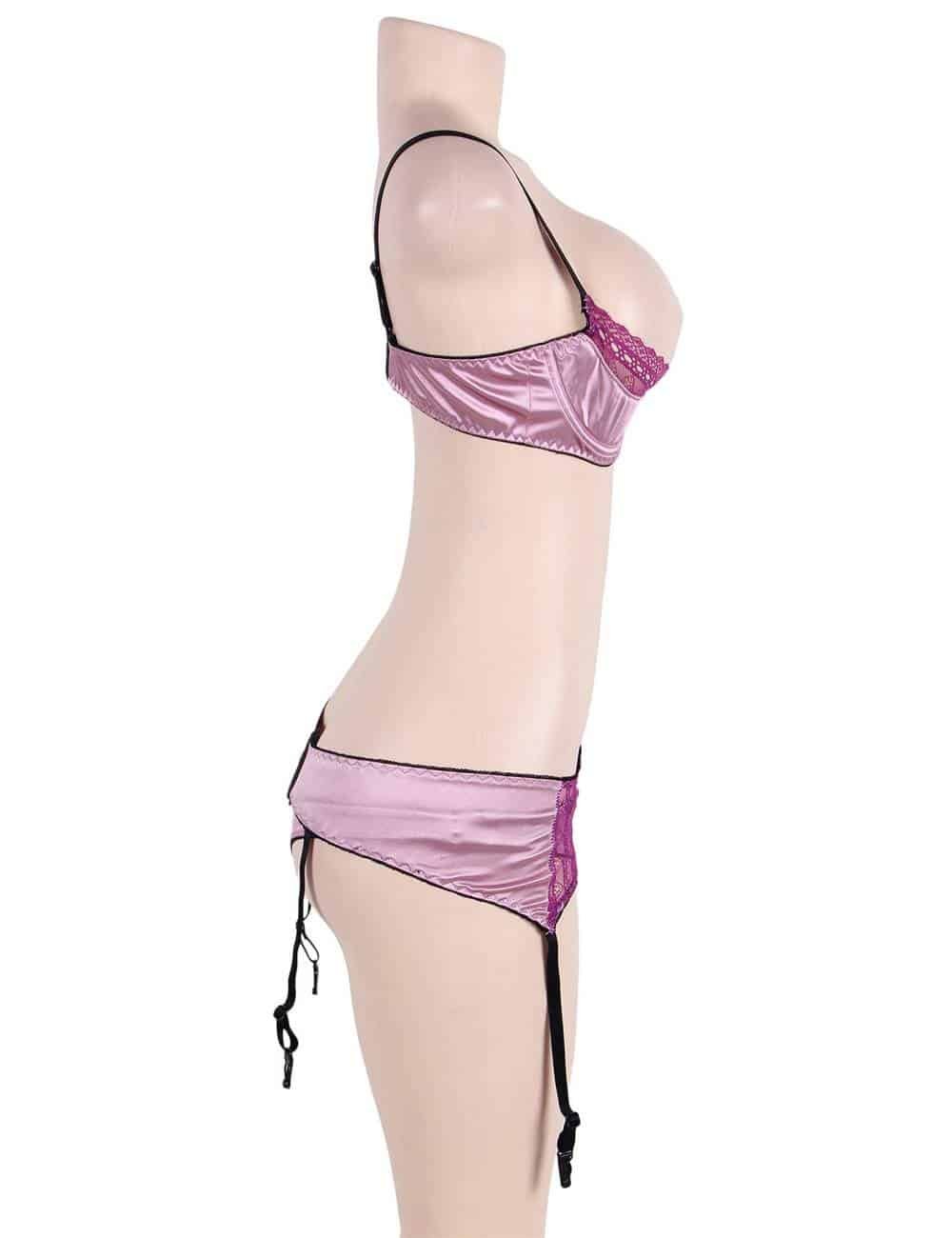 Plus Size Sexy Deluxe Satin Lace Stitching Open Bust Bra Set - Image 3