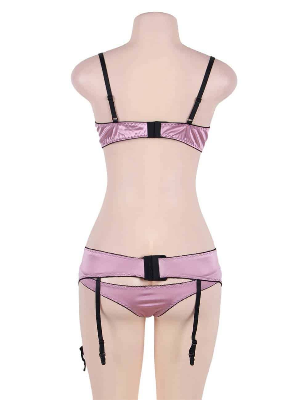Plus Size Sexy Deluxe Satin Lace Stitching Open Bust Bra Set - Image 4