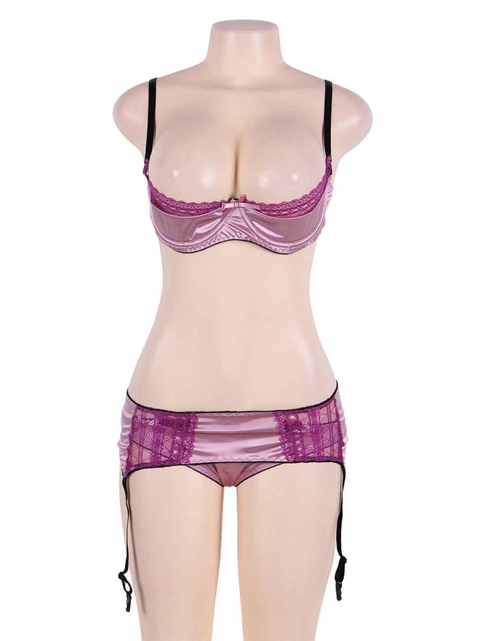 Plus Size Sexy Deluxe Satin Lace Stitching Open Bust Bra Set - Image 2