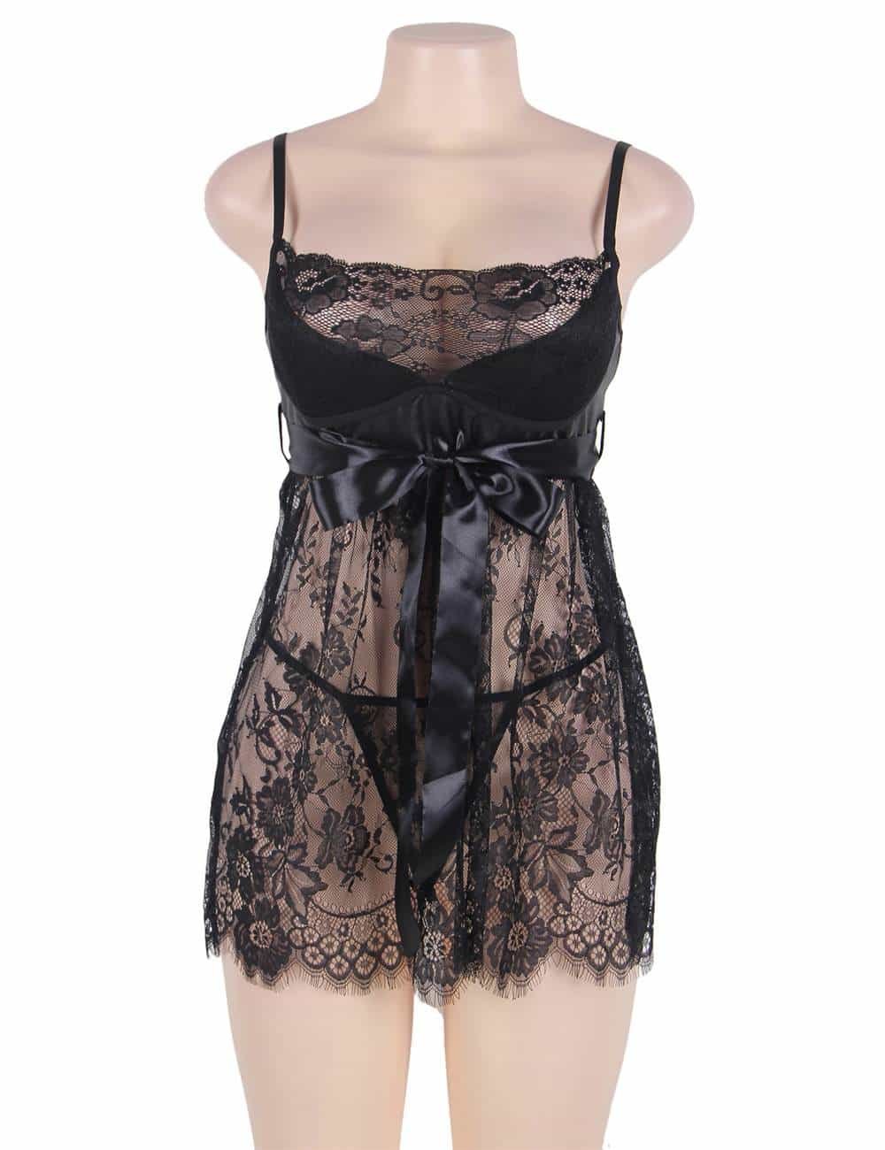 Plus Size Black Bow Lingerie With Thong - Image 6
