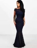 Dark Blue Lace Elegant Fishtail Party Gown For Women