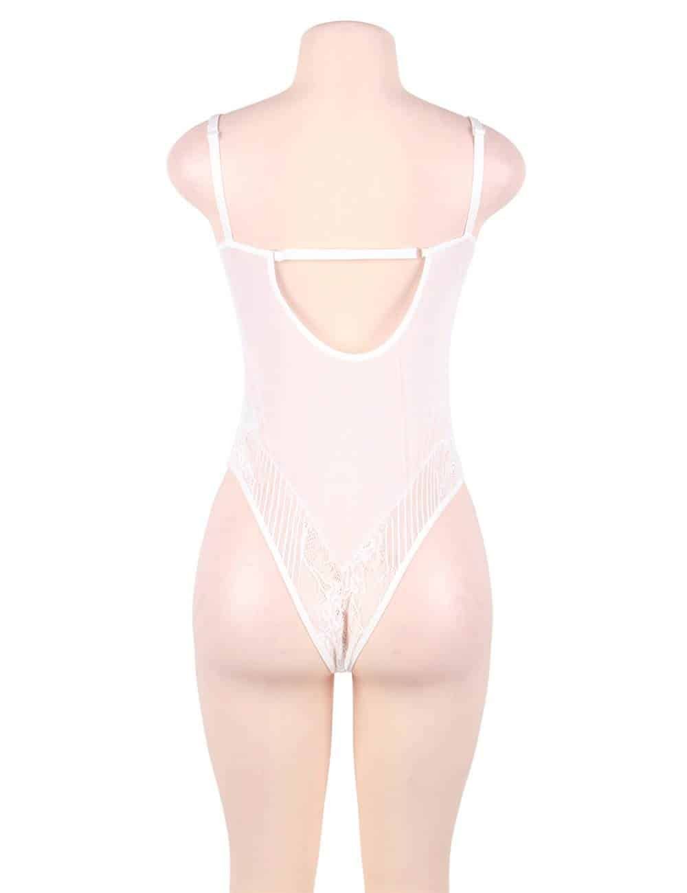 Plus Size White Glamour Underwire Hollywood Sheer Lace Teddy With Steel Ring - Image 7