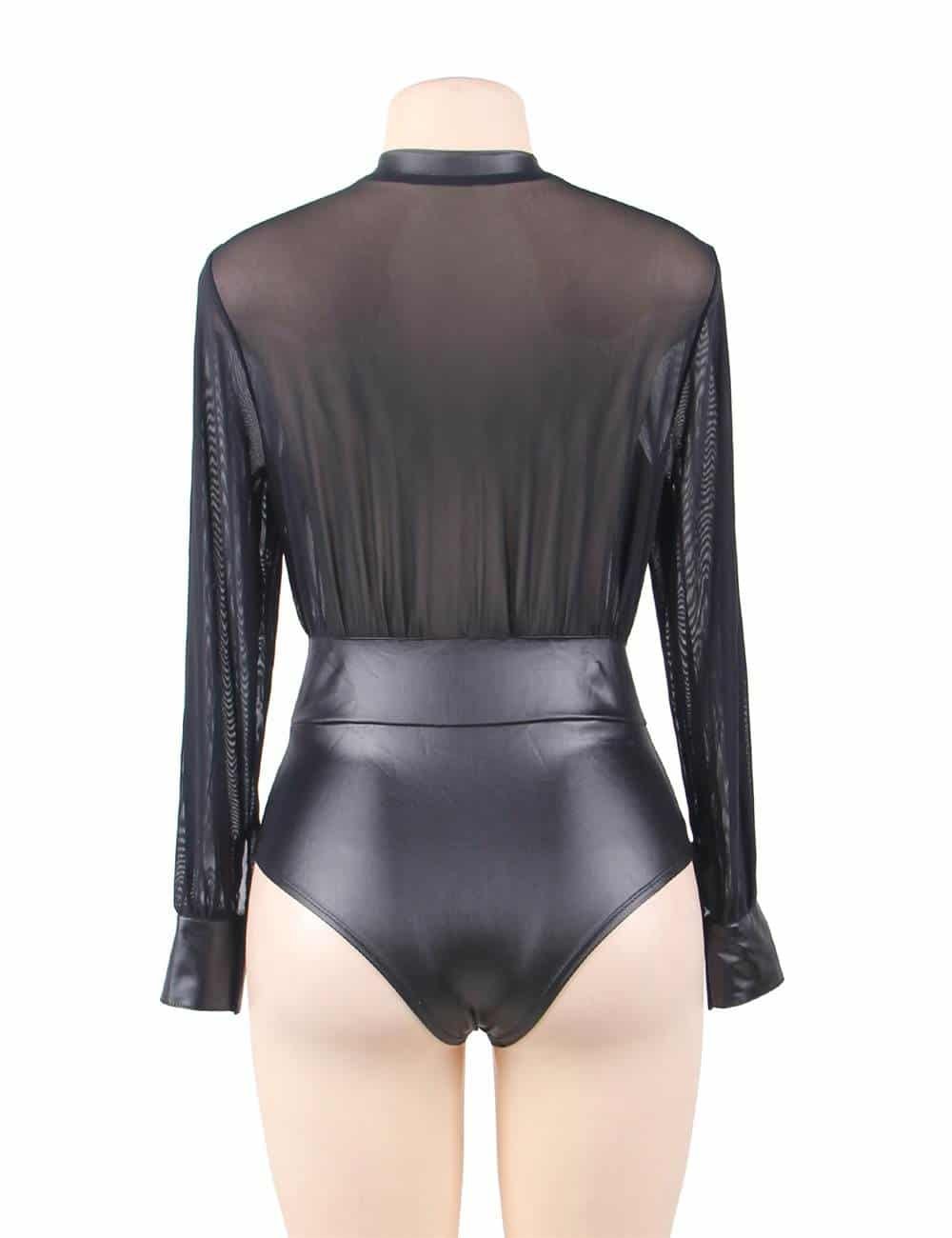 Black V-neck Zipper Leather Teddy - Image 7