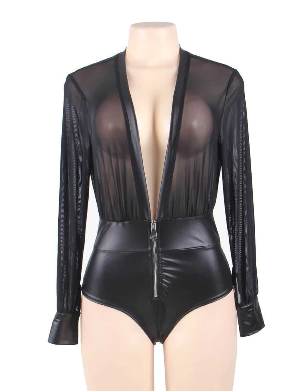 Black V-neck Zipper Leather Teddy - Image 5