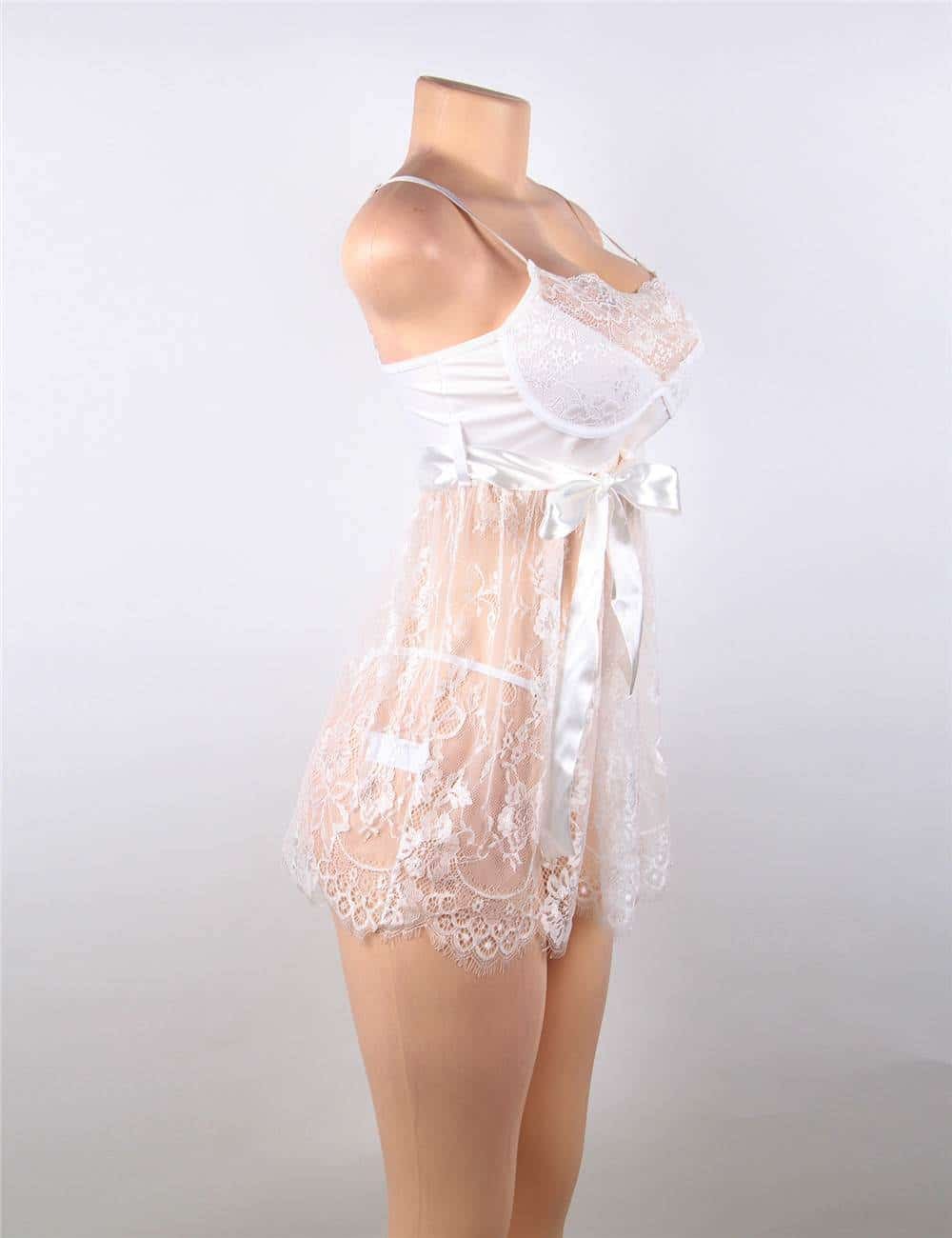 Sexy Eyelash Lace Chest Pad White Plus Size Sleepwear With Thong - Image 6
