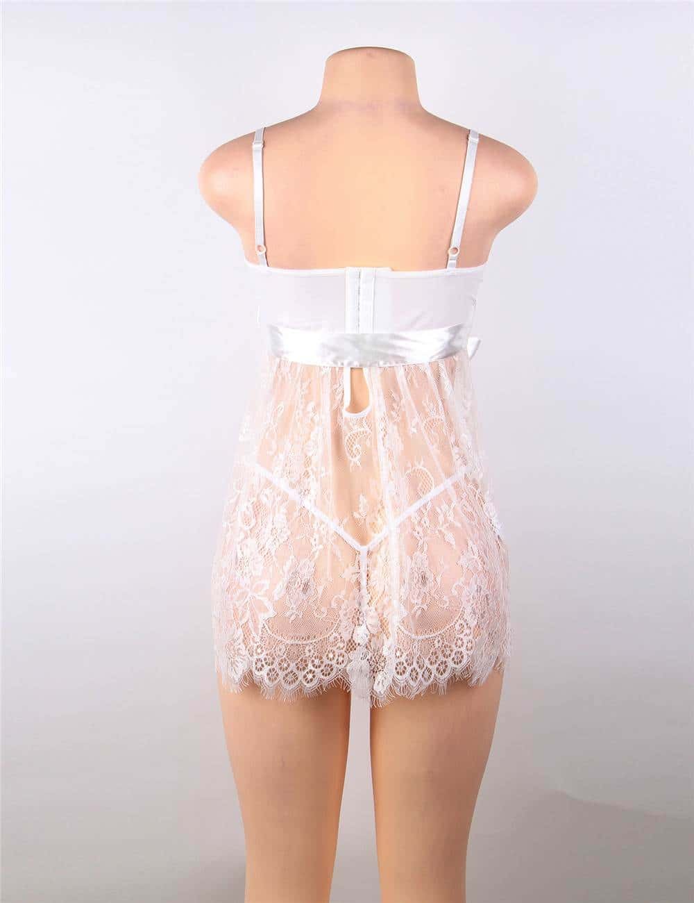 Sexy Eyelash Lace Chest Pad White Plus Size Sleepwear With Thong - Image 7