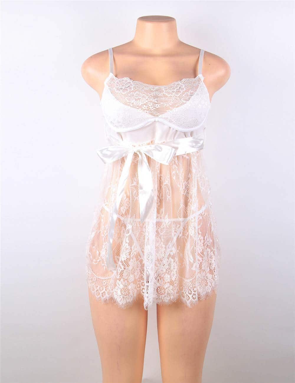 Sexy Eyelash Lace Chest Pad White Plus Size Sleepwear With Thong - Image 5