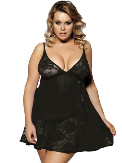 Sexy Black Transparent V Neck Lace Plus Size Short Nightdress