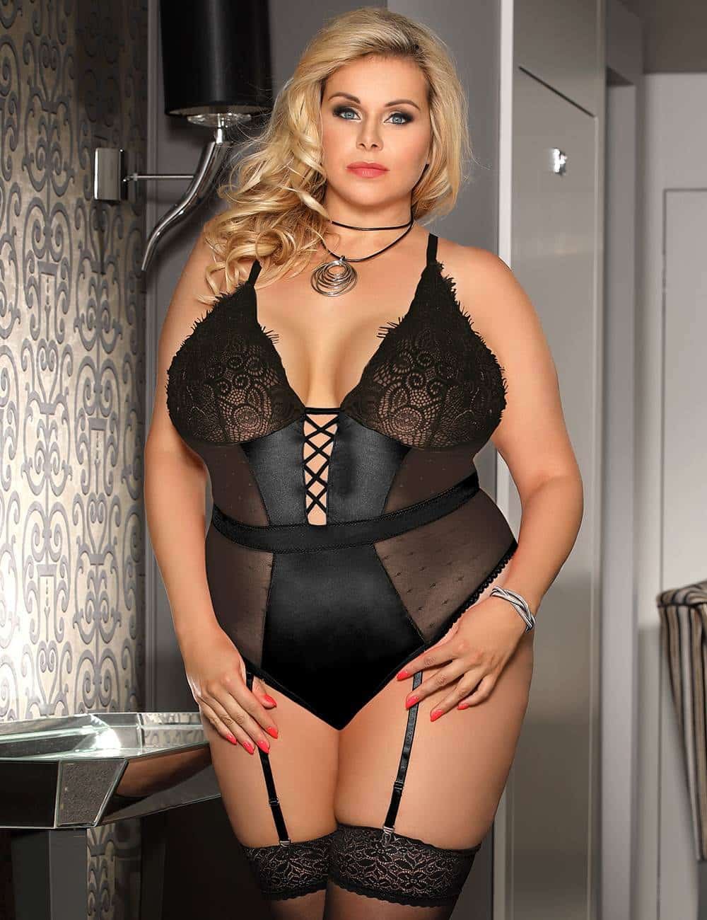 Plus Size Black Satin Lace Stitching Teddy With Garter - Image 4
