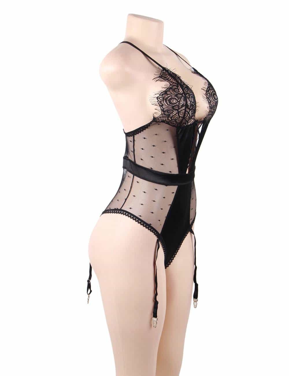 Plus Size Black Satin Lace Stitching Teddy With Garter - Image 7