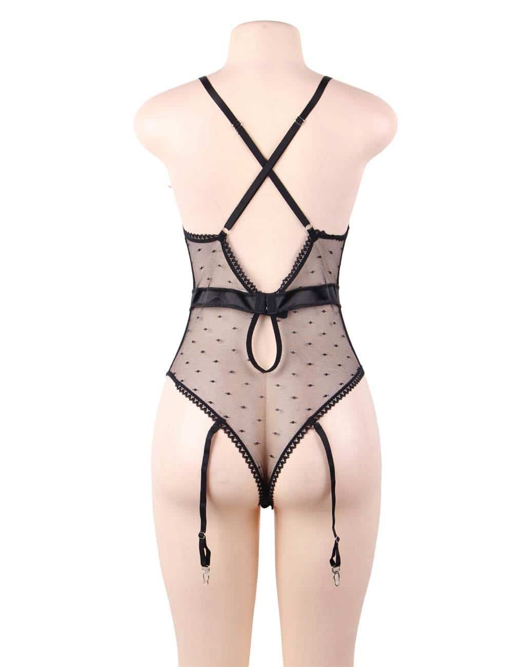 Plus Size Black Satin Lace Stitching Teddy With Garter - Image 8