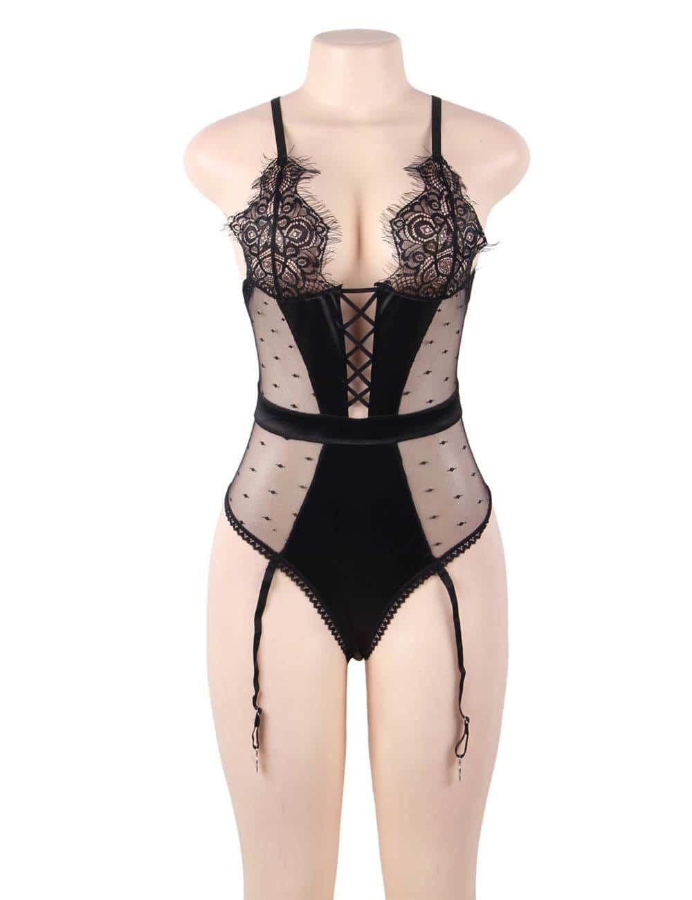 Plus Size Black Satin Lace Stitching Teddy With Garter - Image 6