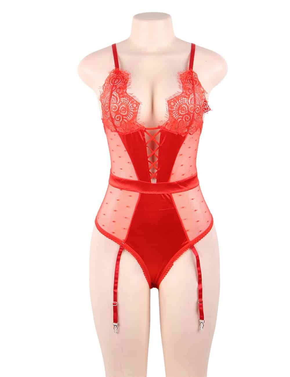 Red Deluxe Satin Lace Stitching Teddy - Image 6