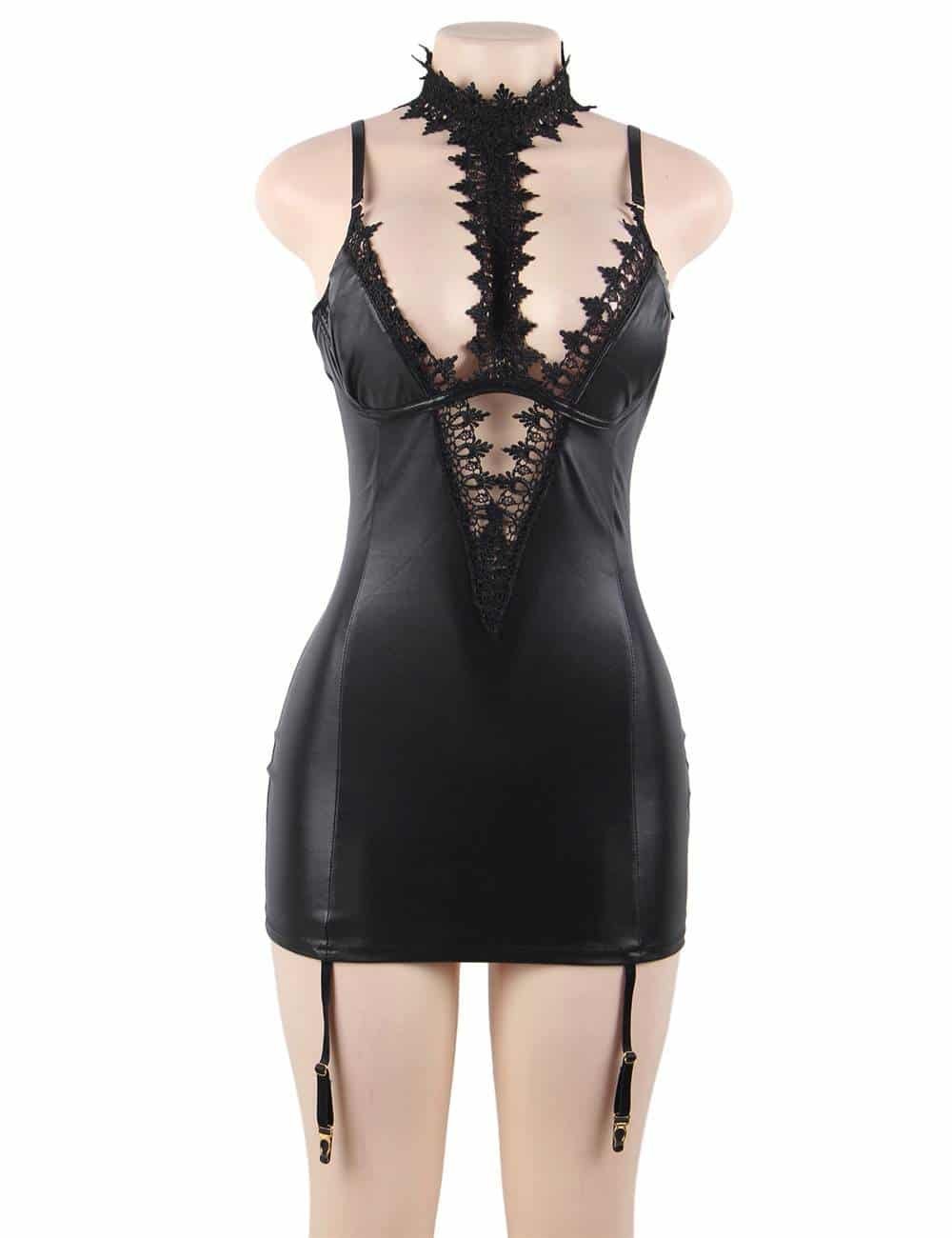 Plus Size Black Leather Intimates Exquisite Lace Choker Neck Garter Lingerie - Image 6