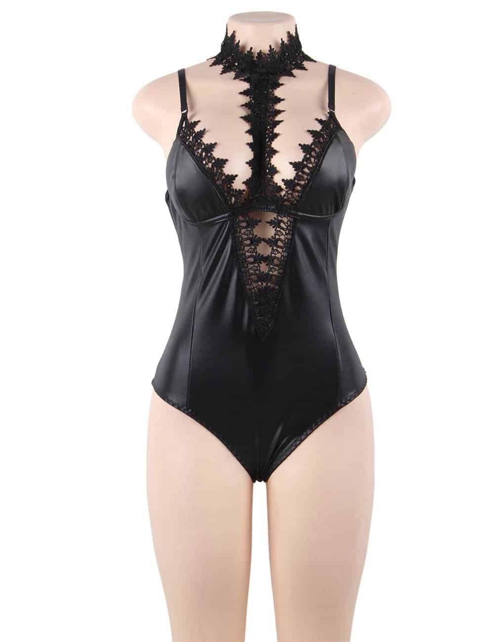 Plus Size Black Leather Exquisite Lace Choker Neck Teddy Lingerie - Image 4