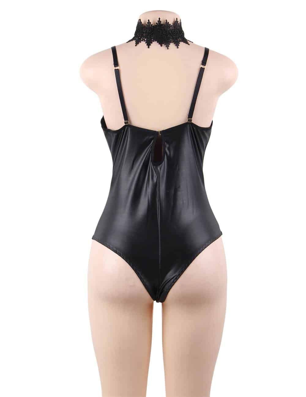 Plus Size Black Leather Exquisite Lace Choker Neck Teddy Lingerie - Image 6