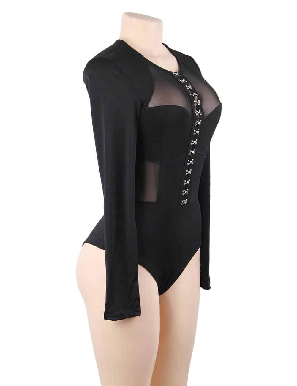 Long Sleeve Slim Mesh Plus Size Hook Buckles Bodysuit - Image 5