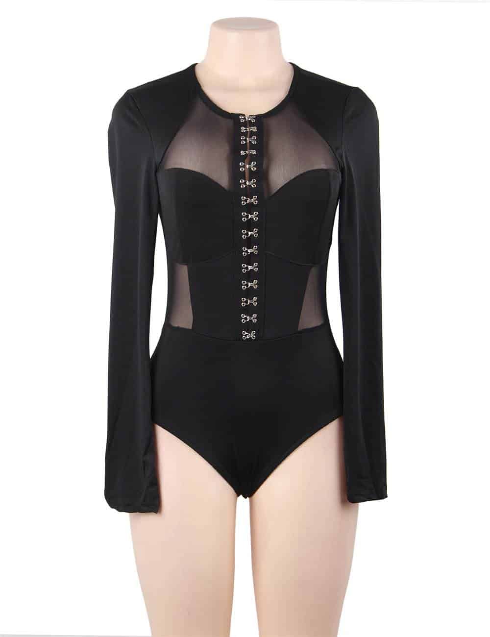 Long Sleeve Slim Mesh Plus Size Hook Buckles Bodysuit - Image 4