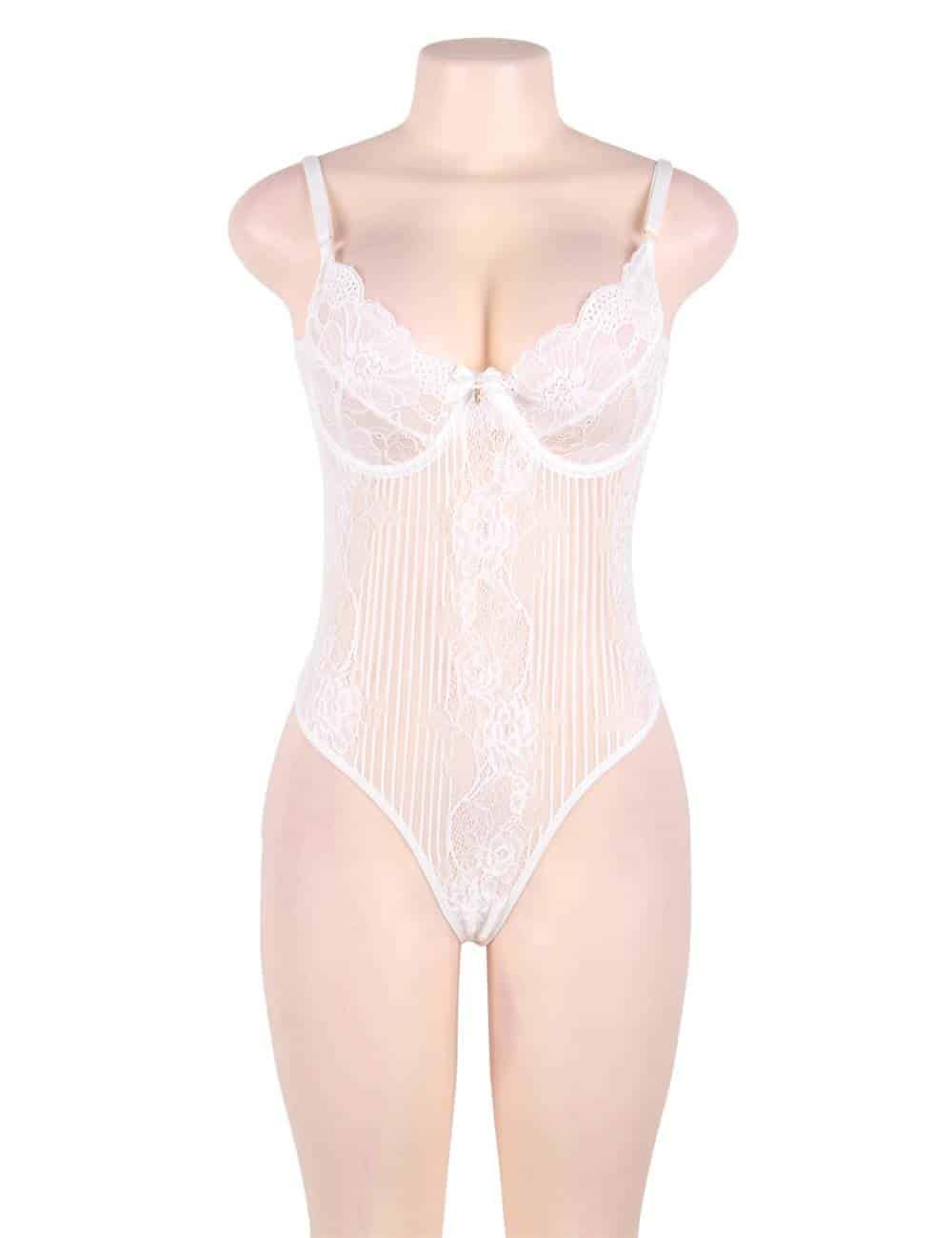 Plus Size White Glamour Underwire Hollywood Sheer Lace Teddy With Steel Ring - Image 5