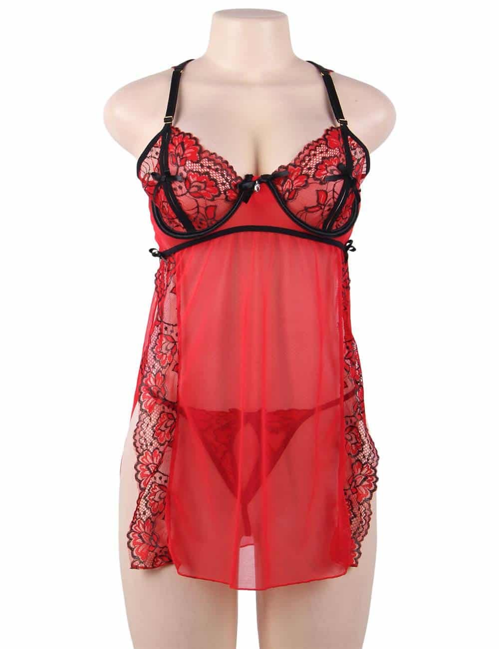 Plus Size Elegant Strappy Red Transparent Lace Racy Sexy Babydoll - Image 5