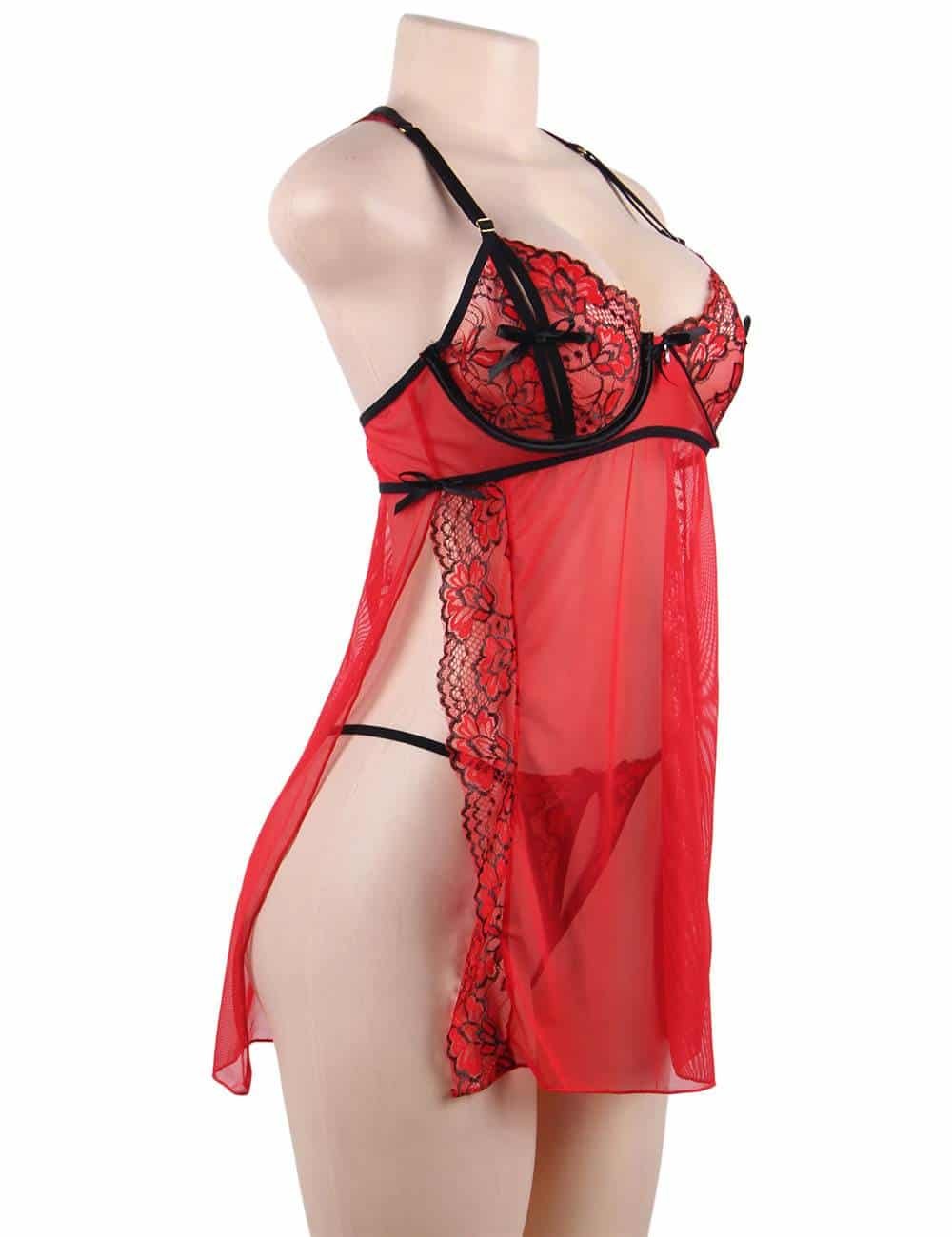 Plus Size Elegant Strappy Red Transparent Lace Racy Sexy Babydoll - Image 6