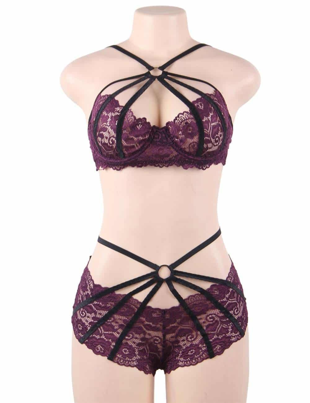 Plus Size Purple Sexy Lace Underwire Sexy Bra Set - Image 5