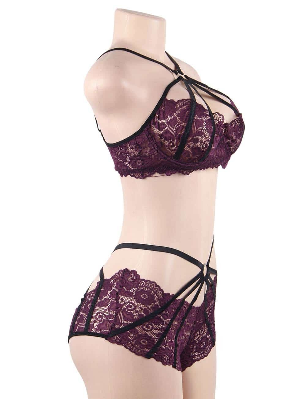 Plus Size Purple Sexy Lace Underwire Sexy Bra Set - Image 6