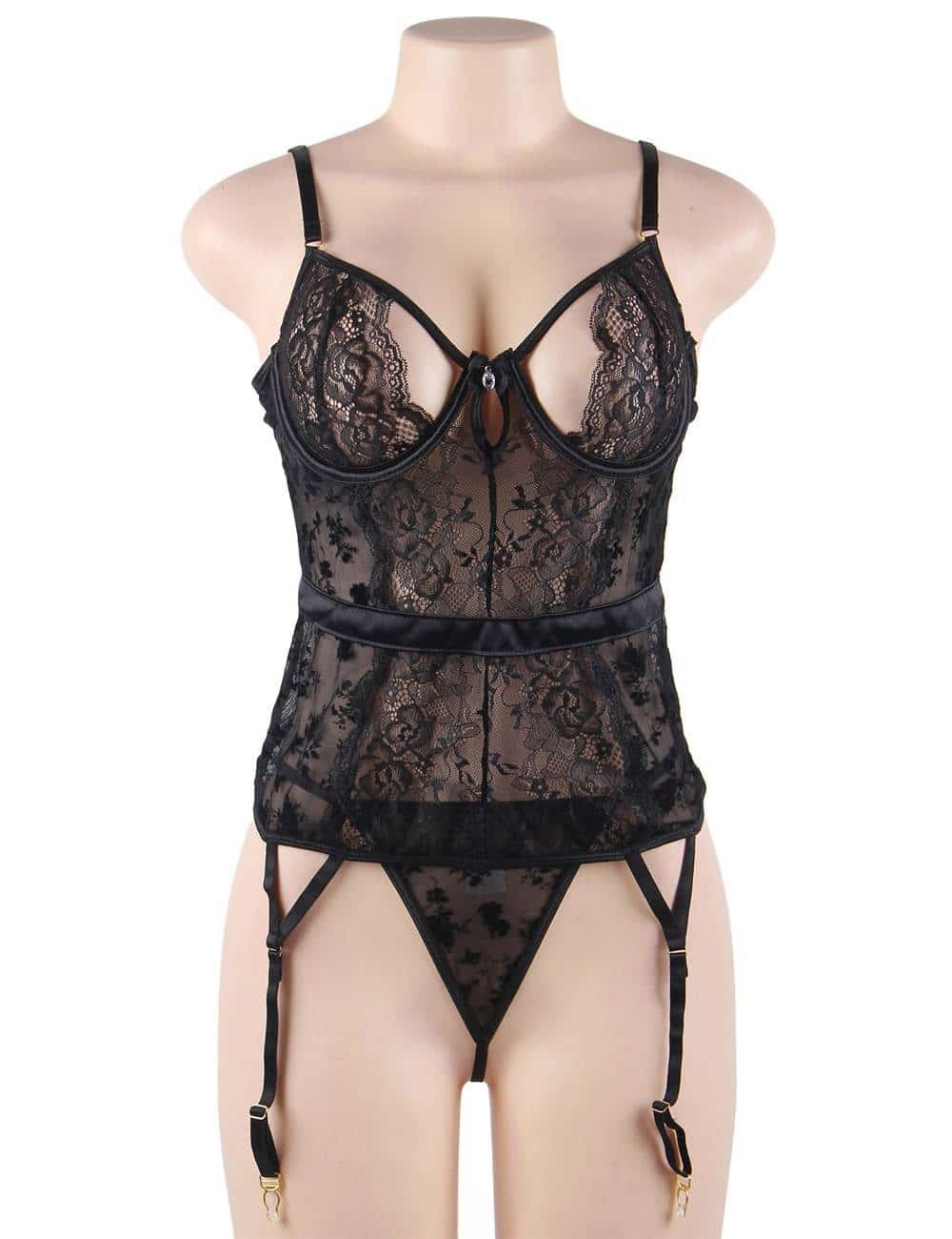 Exquisite Flocking Black Lace Garter Lingerie Plus Size With Underwire - Image 6