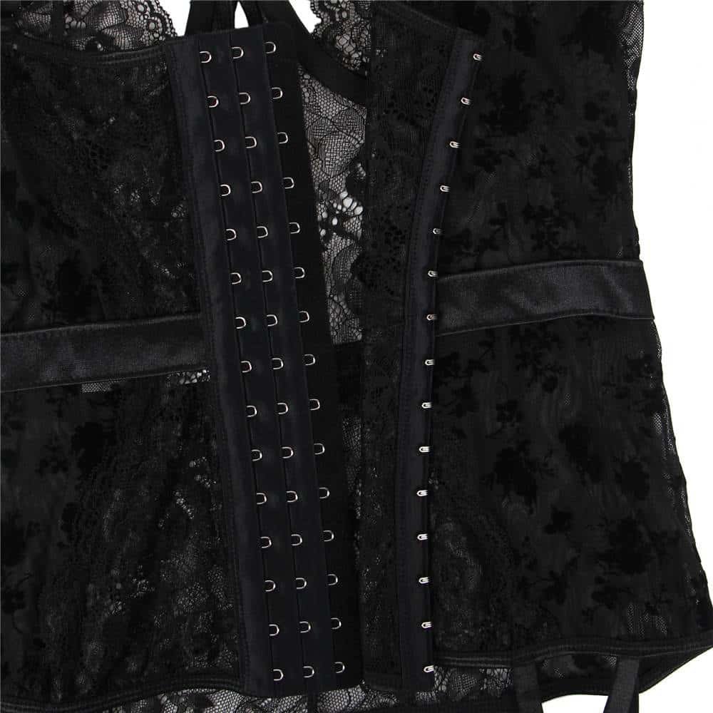 Exquisite Flocking Black Lace Garter Lingerie Plus Size With Underwire - Image 11