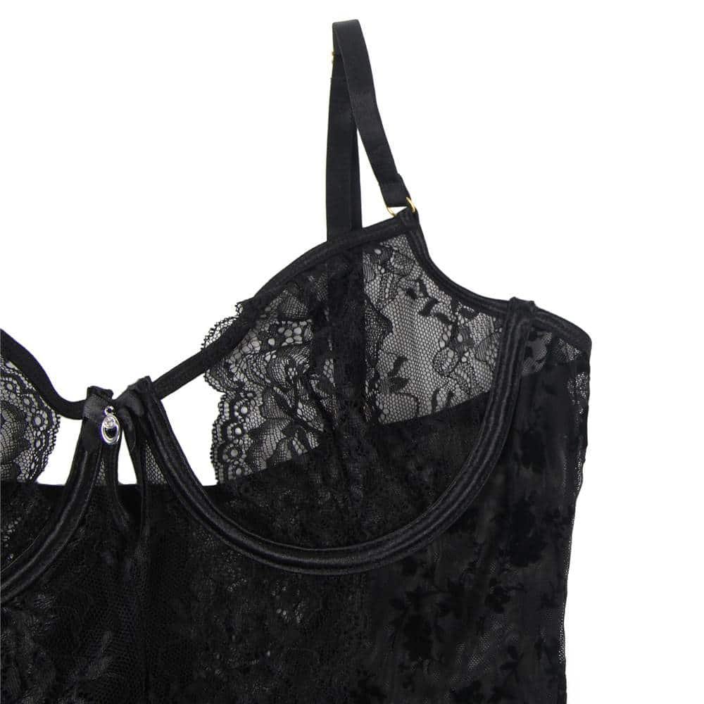 Exquisite Flocking Black Lace Garter Lingerie Plus Size With Underwire - Image 10