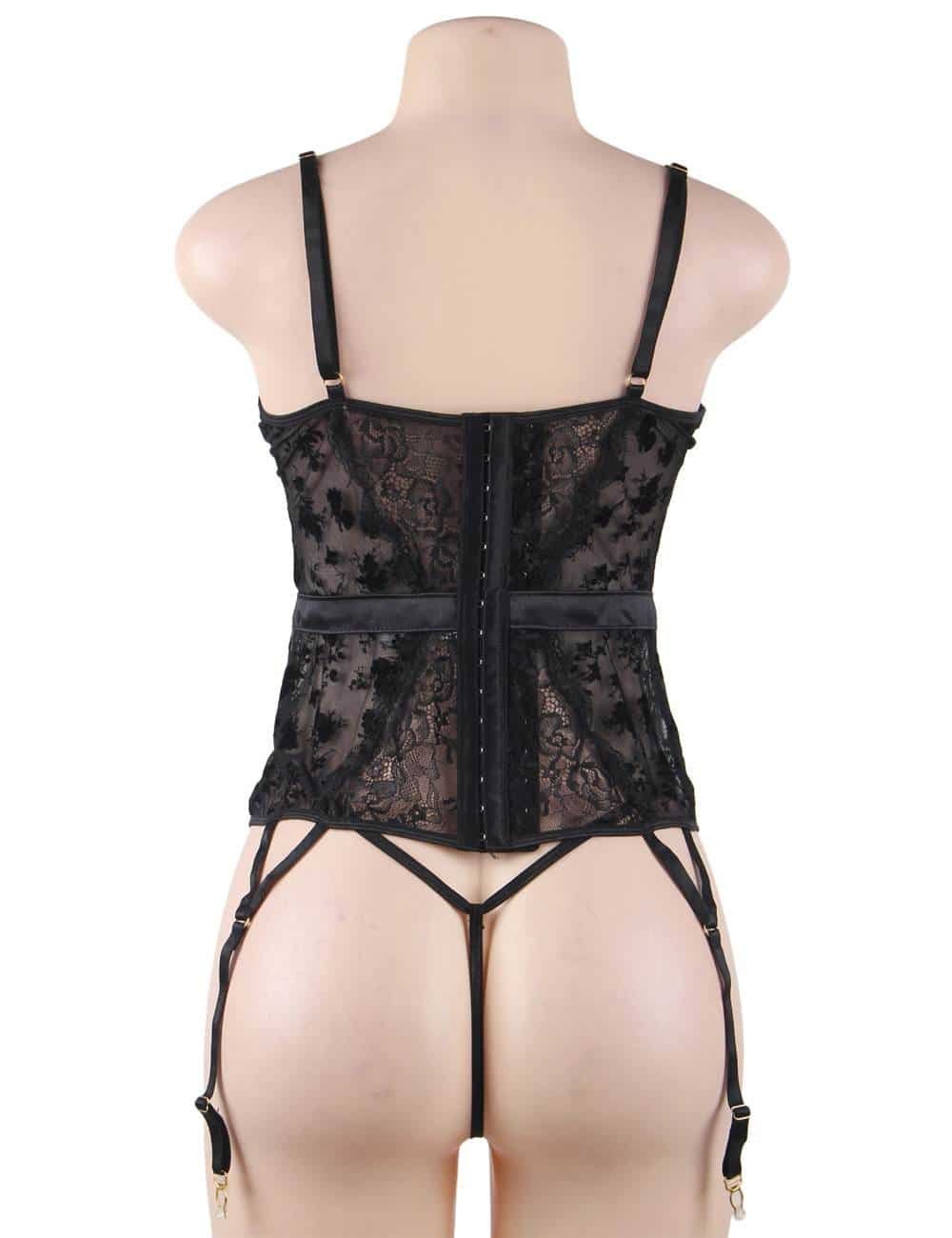Exquisite Flocking Black Lace Garter Lingerie Plus Size With Underwire - Image 8