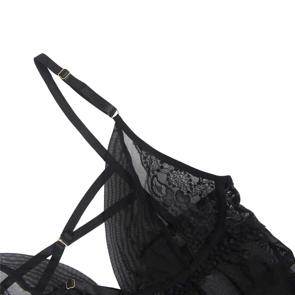 Plus Size Elegant Black Lace Hanging Neck Perspective Sexy Babydoll - Image 9