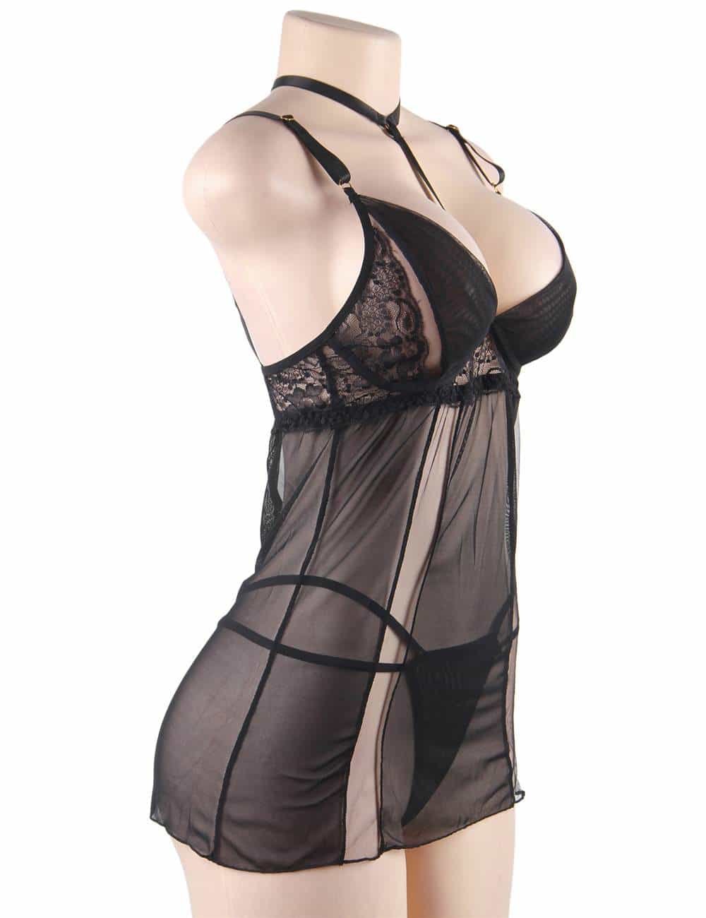 Plus Size Elegant Black Lace Hanging Neck Perspective Sexy Babydoll - Image 7