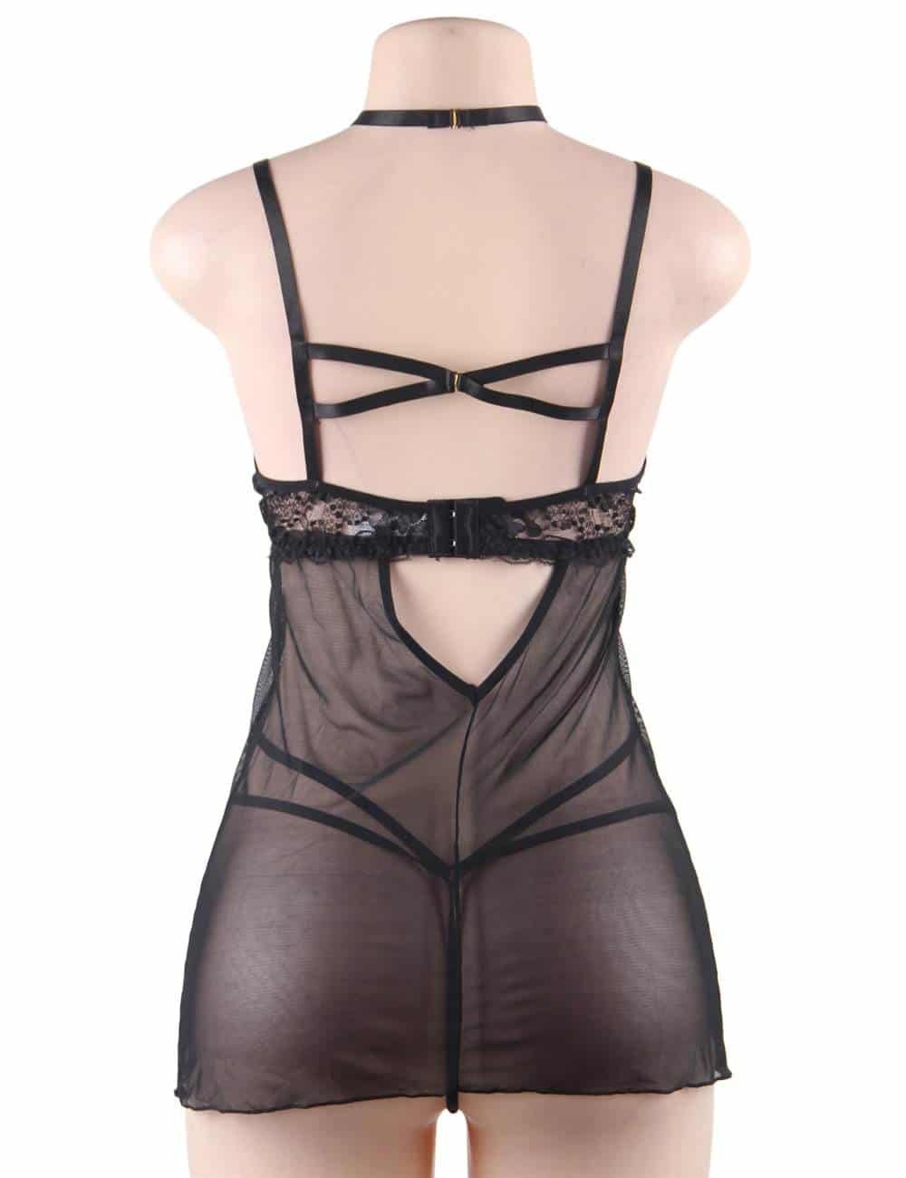 Plus Size Elegant Black Lace Hanging Neck Perspective Sexy Babydoll - Image 8