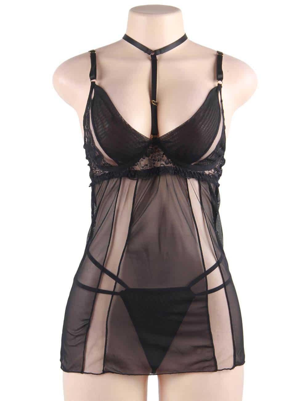 Plus Size Elegant Black Lace Hanging Neck Perspective Sexy Babydoll - Image 6