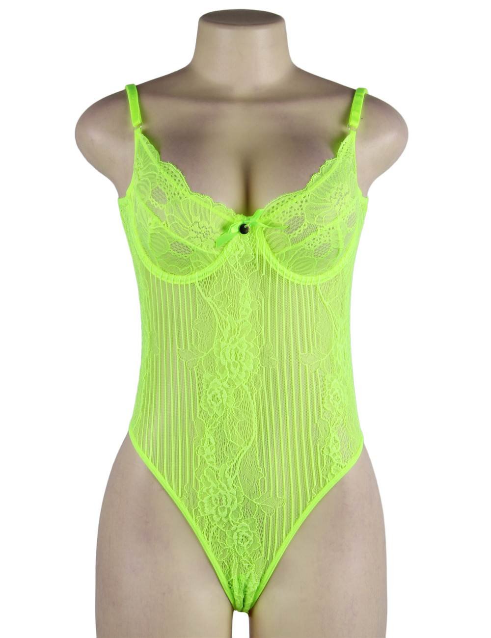 Chartreuse Glamour Underwire Hollywood Sheer Lace Teddy With Steel Ring - Image 6