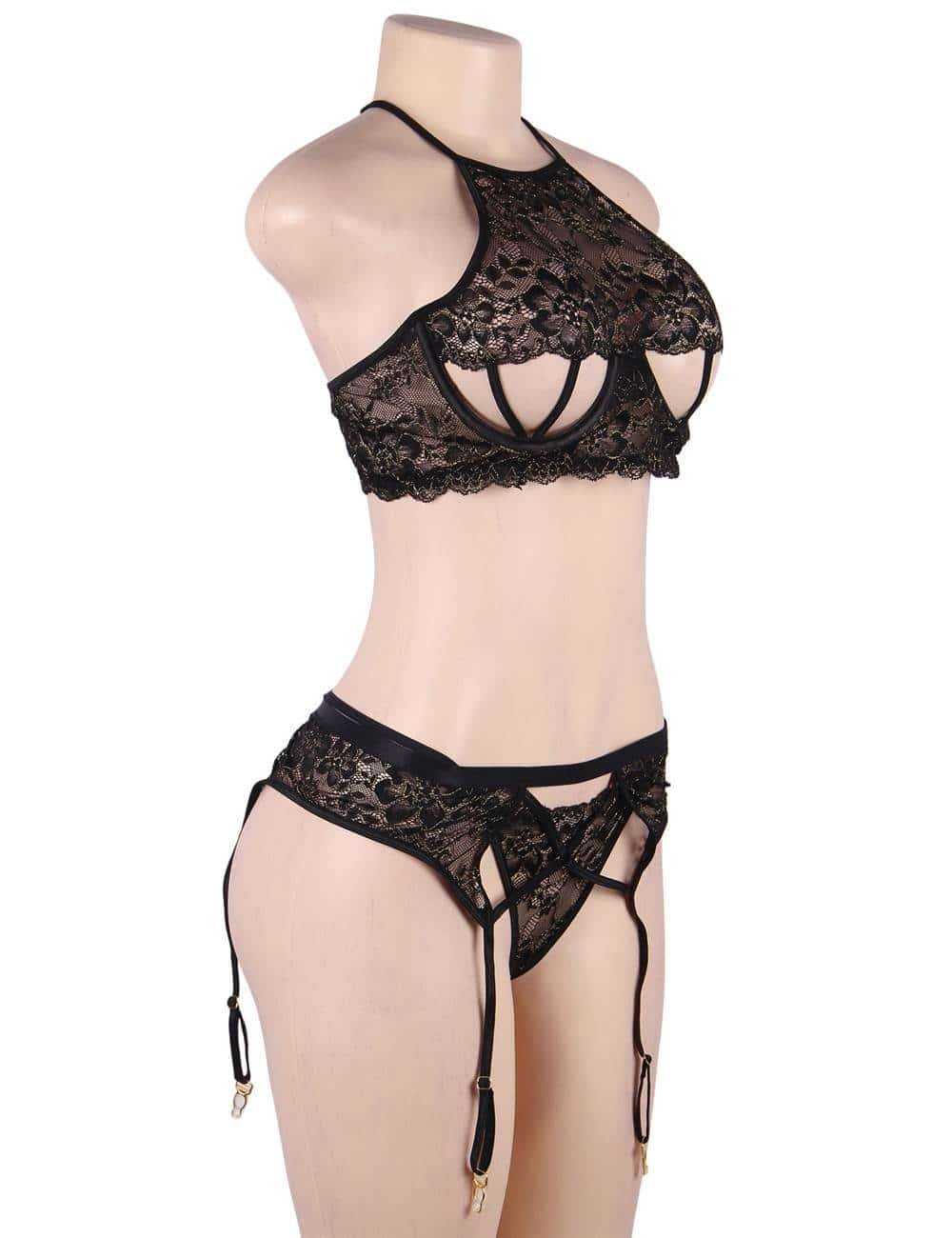 Gold Wire Black Lace Stitching Cross Straps Sexy Bra Set With Steel Ring - Image 6