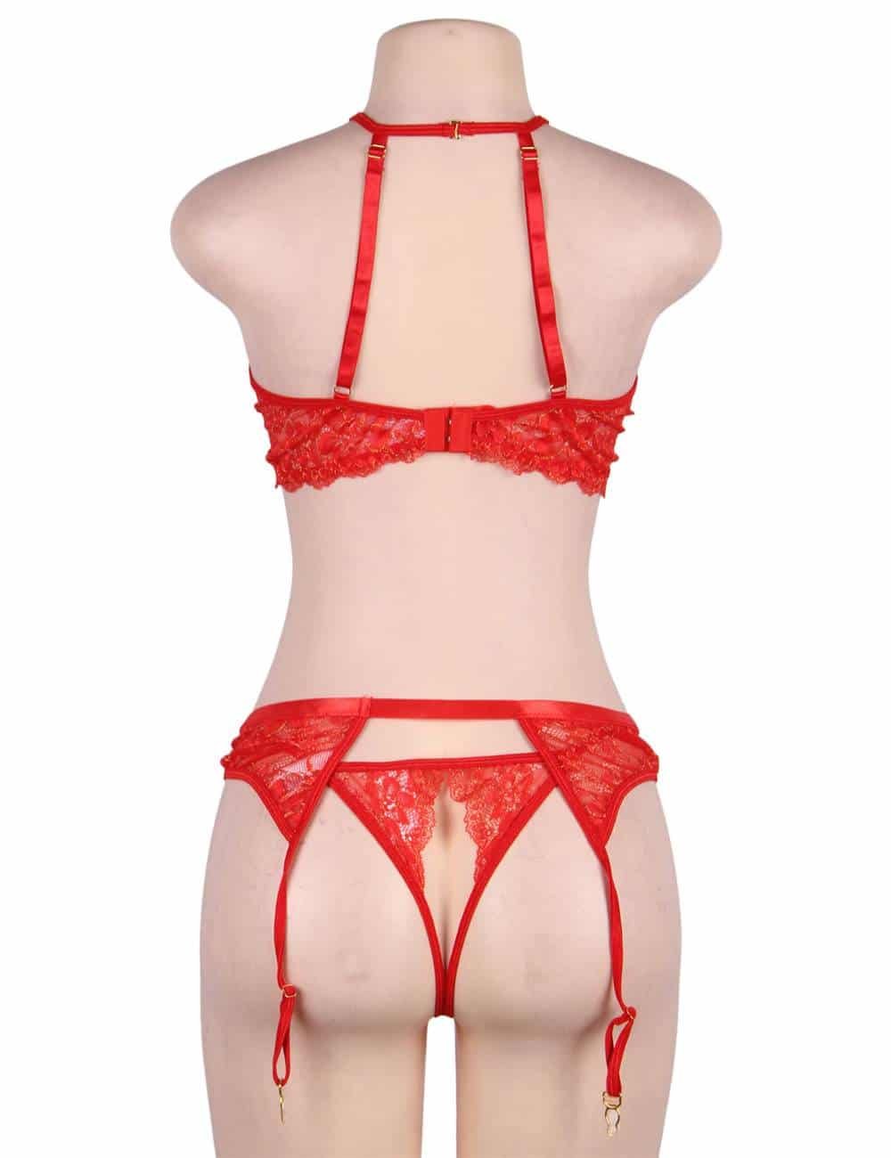 Gold Wire Red Lace Stitching Cross Straps Sexy Bra Set With Steel Ring - Image 7