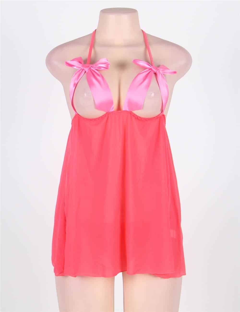 Dark Pink Plus Size Halter Babydoll With Cute Bowknot - Image 4