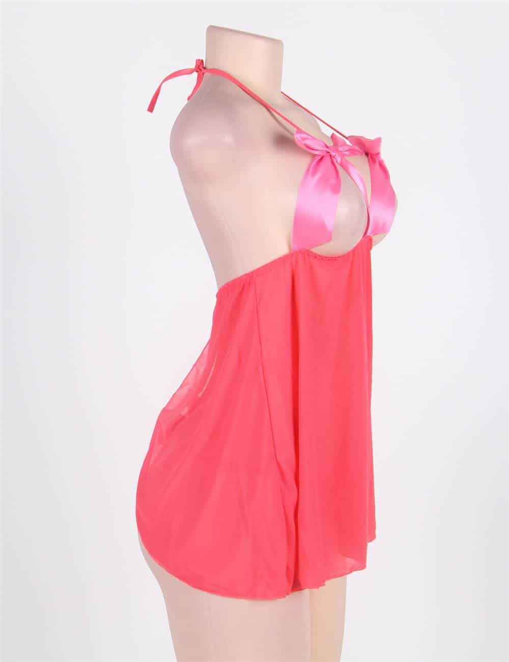 Dark Pink Plus Size Halter Babydoll With Cute Bowknot - Image 5