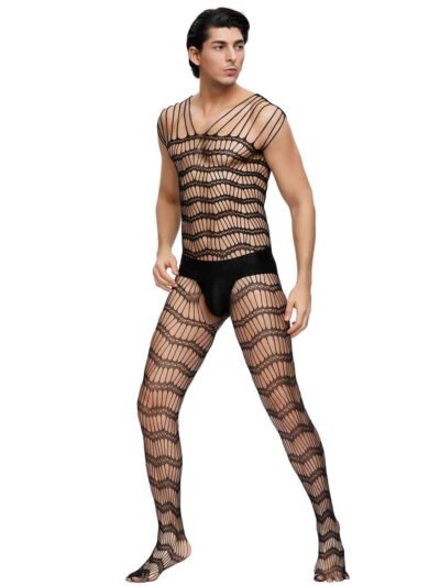 Black Strappy Shoulders Sheer Open Net Bodystockings For Men